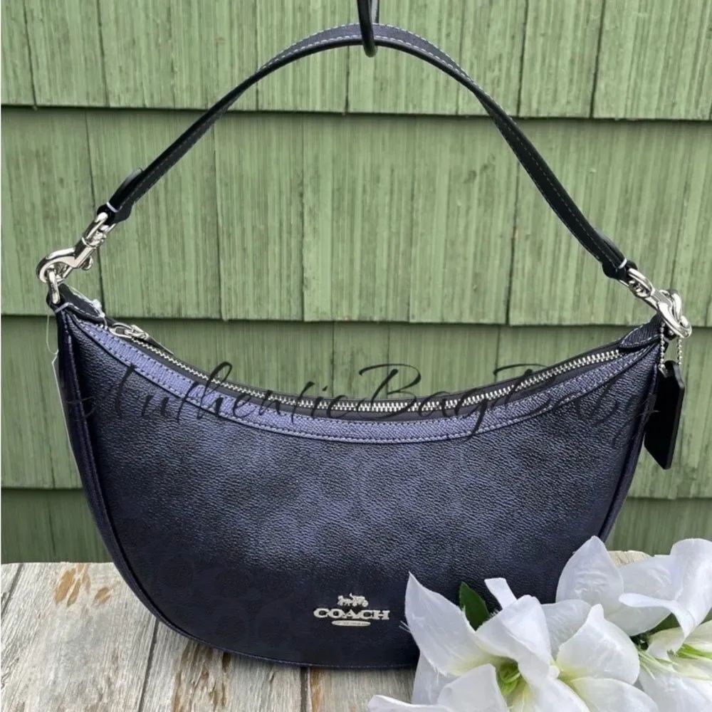 Coach Aria Shoulder in Blue Metallic Purse Leather